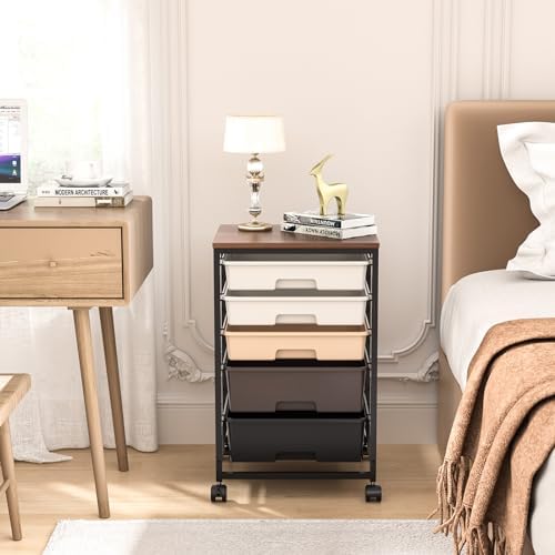 SYKIARIOL Rolling Cart with Drawers, 5 Drawers Utility Cart, Dark Brown - Image 2