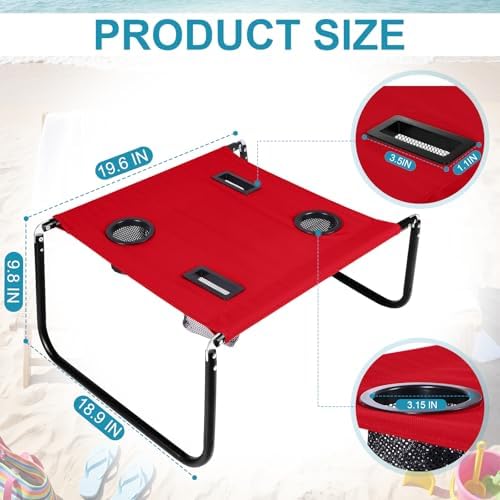Portable Beach Table Foldable Pockets, Red, Solid Pattern - Image 3