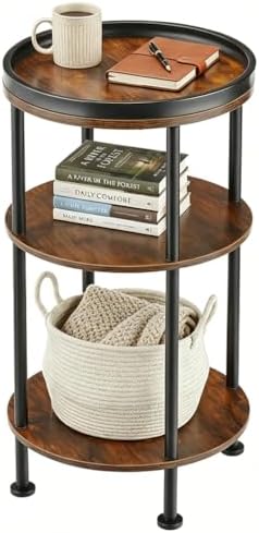 Small Round Side Table with Tray Top, Rustic Brown by Zexvida