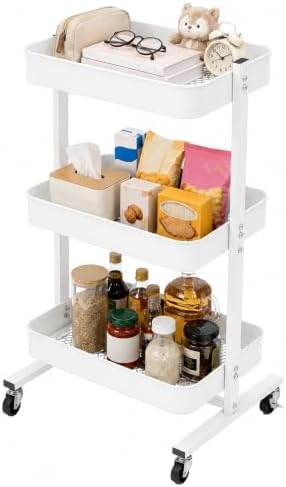ZOES HOMEWARE 3 Tier Metal Rolling Cart by T-Frame Design on Wheels,White by ZOESHOMEWARE