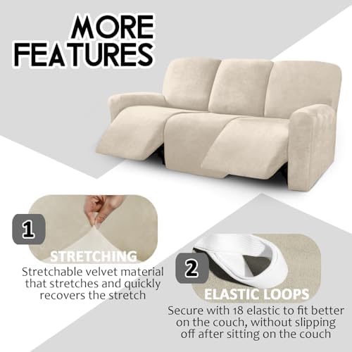 ULTICOR Velvet 8-Pieces Recliner Sofa Covers Stretch Reclining Couch Covers for 3 Cushion Reclining Sofa Slipcovers Furniture Covers Thick Soft Washable (3 Seater Recliner Cover, White) - Image 4