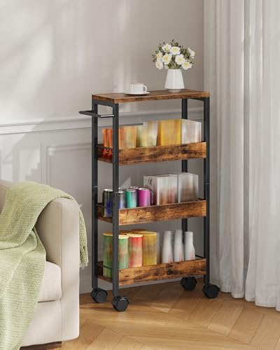 CHOEZON 4-Tier Slim Storage Cart, 7.1'' Kitchen Serving Trolley, Slim Rolling Cart with Handle and Guard Rails, Slim Cabinet for Small Spaces, for Dining Room, Rustic Brown and Black TTC02BF - Image 3