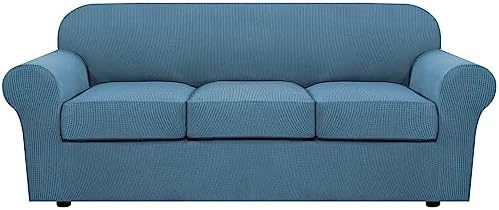 H.VERSAILTEX 4 Piece Stretch Sofa Covers for 3 Cushion Couch Covers for Living Room Furniture Slipcovers (Base Cover Plus 3 Seat Cushion Covers) Upgraded Thicker Jacquard Fabric (Sofa, Dusty Blue) by HVERSAILTEX