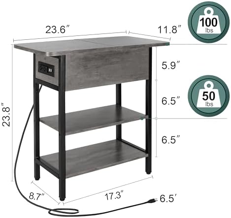 Yoobure End Table with Charging Station, Flip Top Side Table with USB Ports and Outlets, Sofa Couch Table Bedside Table for Living Room Bedroom, Narrow Nightstand with Shelves for Small Space Gray - Image 3