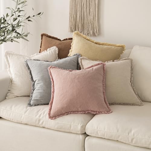MIULEE Boho Linen Fringe Decorative Throw Pillow Covers Pink 20x20 - Image 6
