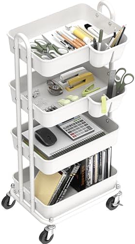Simple Houseware 4-Tier Rolling Utility Cart with Hanging Bucket, White - Image 2