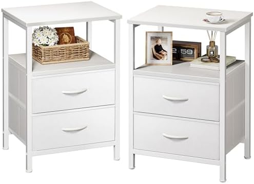 Huuger Night Stand Set of 2, Nightstand with 2 Drawers, Bed Side Table with Open Shelf, Wooden Top, End Table, PU Leather Fabric Drawer Surface, for Bedroom, White by Huuger