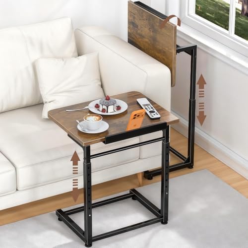 IHAITUN Tv Tray Table, Adjustable Height Couch Narrow Side Table,90° Tilt Angle Foldable End Table, Laptop Table with Phone & Tablet Slot Dinner Tray Desk for Living Room Table Sets (Brown) by IHAITUN