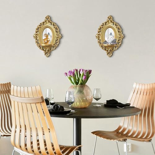 2 Set Vintage Candle Wall Sconce for Home Decor Living Room Bedroom Office Wood Antique Mirrored Victorian Mounted Candlestick Wall Holder Relief Hanging Decor -Gold 11.8in - Image 2