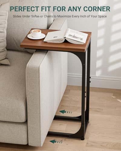 C-Shaped Side Table for Couch - Small Coffee Stand Sofa Tray Desk with Metal Frame and Waterproof Scratch Resistant, Modern End Accent for Living Room, Bedroom, Set of 2, Rustic Walnut - Image 5