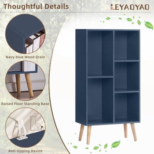 LEYAOYAO 5 Cube Bookshelf,Mid-Century Modern Book Shelf with Legs,Dark Blue - Image 4
