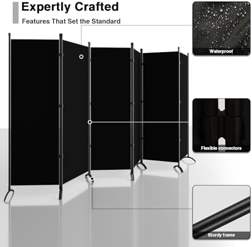Room Divider 6-Panel Privacy Screen, Portable Screen Steel Frame with Hook&Loop for Home, Office, Classroom, Studio, Meeting (Black) - Image 3