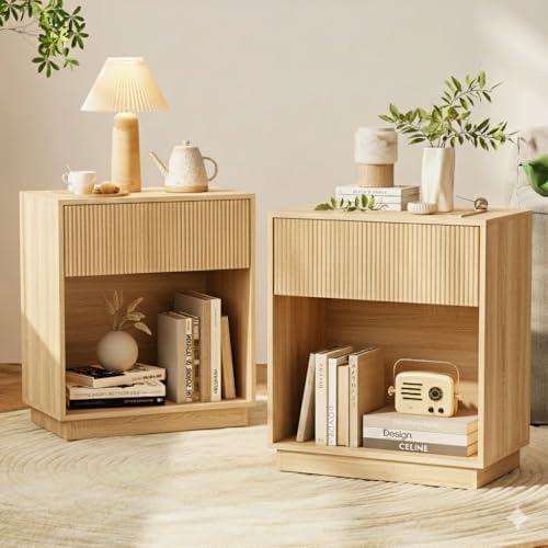 Fluted Nightstands Set of 2, Modern Bedside Table with Drawer and Storage Shelf, Wood End Table Mid Century Night Stands for Bedroom Living Room Sofa Couch Office (Oak) by INNODToddlerTower