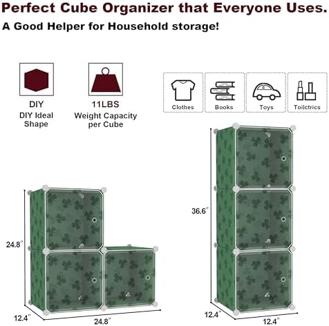 C&AHOME Clover Embossed Storage Organizer with Doors 3-Cube Shelf Green - Image 2