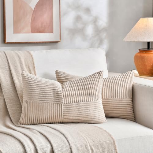 Fancy Homi 2 Packs Tan Long Lumbar Decorative Throw Pillow Covers 12x24 Inch for Couch Bed Sofa, Rustic Farmhouse Boho Home Decor, Soft Striped Corduroy Rectangle Accent Beige Cushion Case 30x60 cm - Image 6
