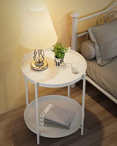 EKNITEY 2 Tier End Table - Metal Side Table with Removable Tray (White) - Image 2