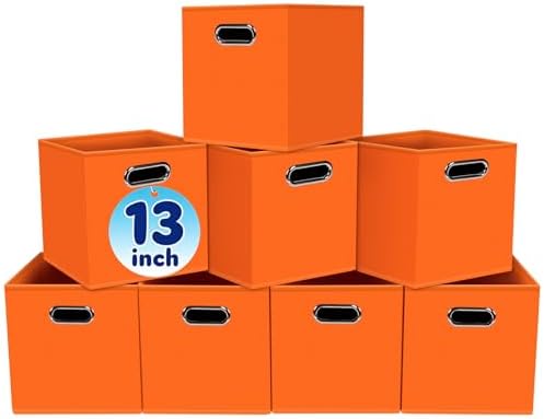 Fabric Cubby Storage Bins,13x13x13 Inches,Cube Organizer Bin Foldable Storage Boxes with Dual Handles Fabric Organizer Box and collapsible Storage basket,Set of 8,Orange by Yunkeeper
