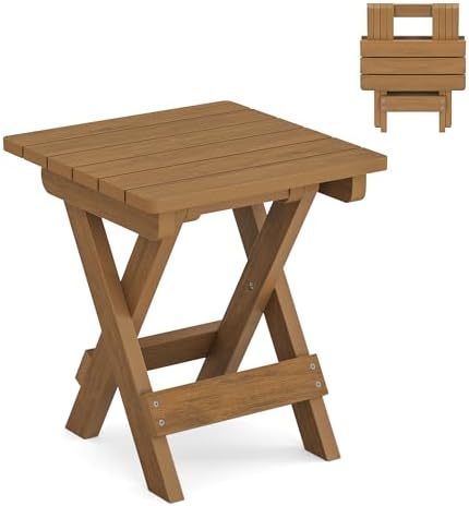 LUE BONA Small Outdoor Folding Side Table, 14 Inch, Teak Color Oil Printed by LUEBONA