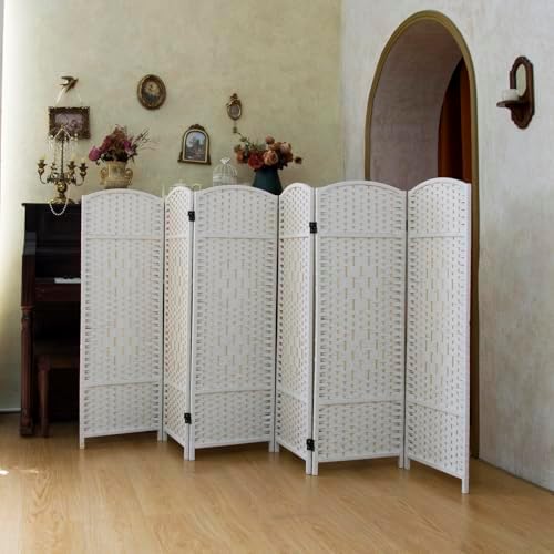 Compact 6 Panel Short Room Divider, 47.2 Inch Tall Double-Sided Rattan Folding Privacy Screen for Home & Office,White by PawlaBay