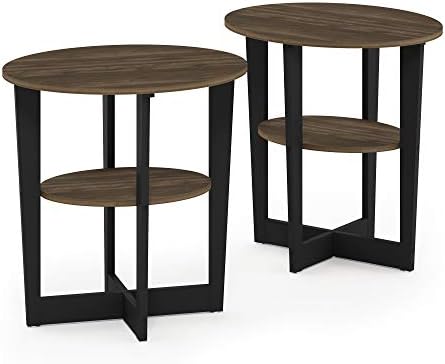 Furinno Jaya 2-Tier Round Side Table Set of 2, Open Shelf, Columbia Walnut - Image 6