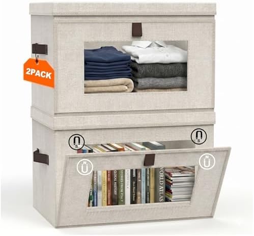 35L Large Closet Organizers and Storage Bins 2-Pack, Collapsible Fabric Storage Boxes with Lids and Handles, Front Opening Wardrobe Container with Clear Window for Clothes, Blankets, Living Room, Dorm by CABIBOX