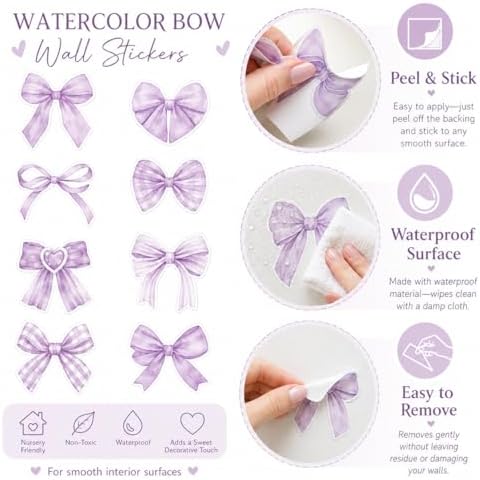60Pcs Watercolor Bowtie Wall Stickers - Coquette Aesthetic Vinyl Decals for Room Decor in Light Pink, Sky Blue, Mint Green, Lavender Peel and Stick Nursery, Bedroom, Kindergarten Wall Art (Purple) - Image 3