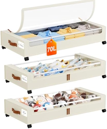 Yecaye 70 L Under Bed Storage with Wheels, 3 Pack Larger Capacity Under Bed Storage Containers, Underbed Shoe Storage Organizer, Rolling Under Bed Metal Drawers for Clothes, Blankets, Beige by Yecaye