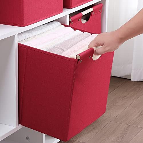HOONEX Large Collapsible Storage Bins, Linen Fabric, Pack of 2, Storage Baskets with Wooden Carry Handles and Sturdy Heavy Cardboard, for Home, Office, Car, Nursery, Red - Image 4