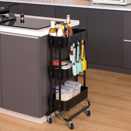 MAX Houser Slim 3-Tier Rolling Utility Cart with Extra Hook, Black - Image 4