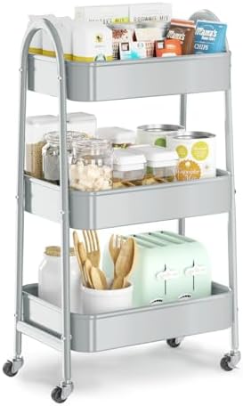 EAGMAK 3 Tier Utility Rolling Cart, Metal Storage Cart with Handle and Lockable Wheels, Multifunctional Storage Organizer Trolley with Mesh Baskets for Kitchen, Living Room, Office, Garage (Grey) by EAGMAK