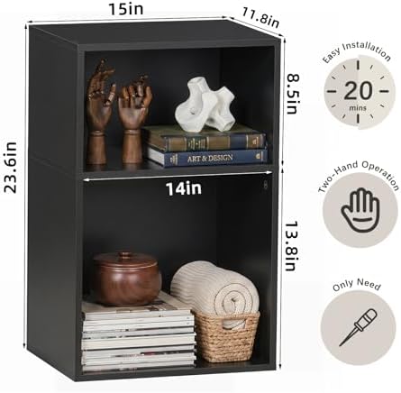 YAHARBO 2 Cube Bookshelf, Black Record Player Stand with Vinyl Storage Up to 100 Albums, Horizontal Book Shelf, Small Cubby Bookcase with Storage Organizer, Turntable Stand for Living Room, Bedroom - Image 3