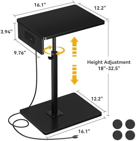 C Shaped End Table with Charging Station, Adjustable Height C Table End Table, 360°Swivel TV Tray Table for Small Spaces, Rounded Corners Couch Table, Side Tables Living Room for Sofa,Chair,Snack,Bed - Image 3