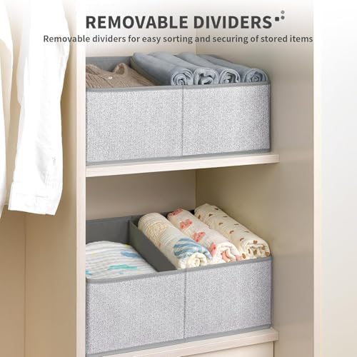 DIMJ Storage Baskets for Shelves 8 Packs - Large Trapezoid Closet Organizer Bins with Handles and Divider, Foldable Clothes Containers Box for Shelf, Towel, Book, Toy, Purse, Grey - Image 3