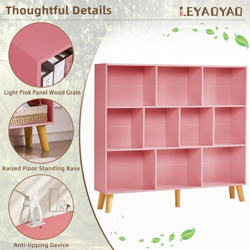 LEYAOYAO 10 Cube Bookshelf,Mid-Century Modern Bookcase with Legs,Light Pink - Image 4
