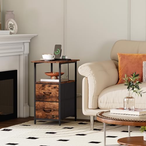 Somdot End Table Set of 2 with Charging Station, 2 Drawers, Slim Side Table - Image 2