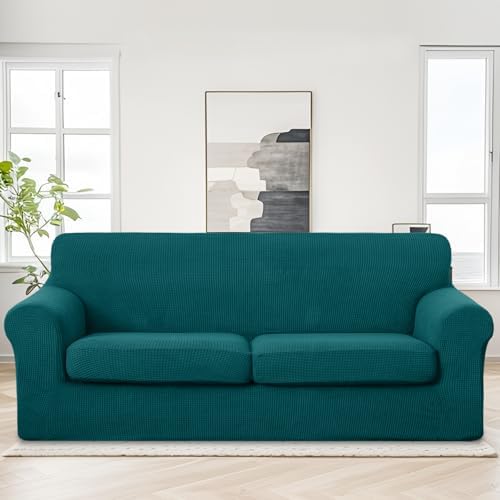 U-NICE HOME 3 Pieces Stretch Couch Cover Sofa Slipcover, Blue - Image 2