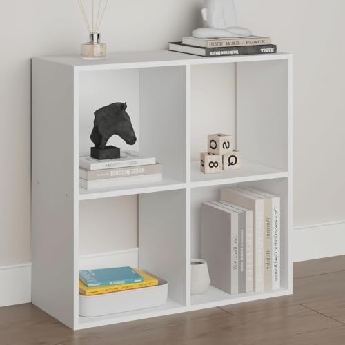4-Cube Bookshelf, Open Back Storage Shelves, Heavy Duty Wood Cubby Organizer for Small Spaces, Dorm Room Apartment Office, Unit for Book Toy Record Player Display (White, 4-Cube) by NewBeth