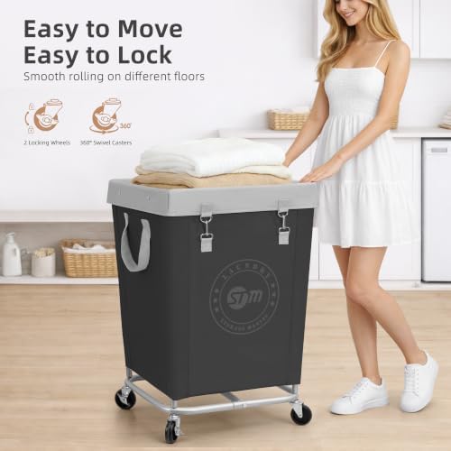 STORAGE MANIAC Commercial Laundry Hamper with Heavy Duty Steel Frame, 160 L Industrial Laundry Basket Cart with Wheels for Hotel, Home, Laundry Room, 17.72''L x 17.72''W x 30.91''H, Medium Black - Image 6