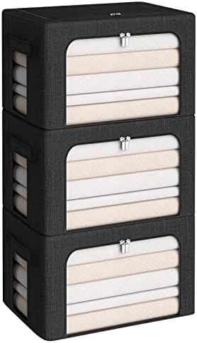 CYhom 3Pack Foldable Storage Bins - Frame Storage Box Linen Fabric Stackable Clothes Container Organizer with Clear Window & Carry Handles Large Capacity (Medium-36L, Black) by CYhom