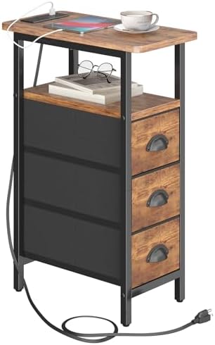 sthmec End Table with Charging Station,Narrow Side Tables with USB Ports and Outlets,Skinny Bedside Tables with 3 Drawers,Small Nightstands for Small Space,Slim Sofa Table for Livingroom,Rustic Brown by Unknown