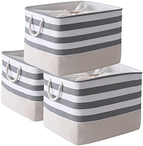 TheWarmHome Jumbo Storage Bins Baskets, Sturdy Fabric Organizing Basket W/Handles, Decorative Foldable Storage Baskets for Shelves Closet Nursery Toy (Grey&White Stripes 3 Pack, 20.5Lx15.7Wx13.8H in) by TheWarmHome