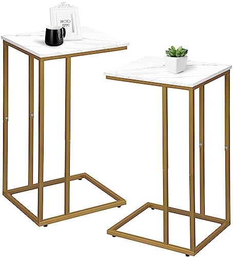 Possile C Shaped End Table Set of 2, Small Side Table for Sofa and Bed, Couch Tables That Slide Under, Snack Side Table for Living Room, Bedroom, White Faux Marble and Gold by Possile