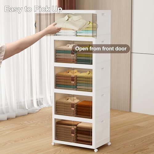 JOYMOOP Folding Storage Bins, 420 Quart Collapsible Storage Boxes with Wheels and Door, Stackble Plastic Storage Container for Clothing, Books and Sundries (XXL, 21 Gal Per, 5 Tiers) - Image 4