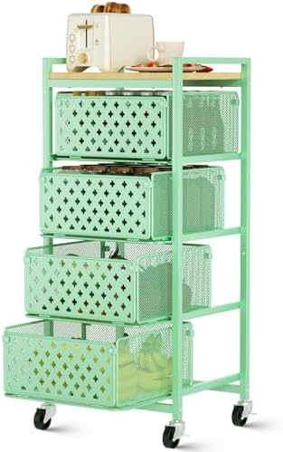 5 Tier Kitchen Storage Cart with Wheels, Utility Fruit Vegetable Storage Rack Stand with Pull-Out Baskets & Wood Top, Metal 4-Drawers Rolling Snack Cart, Kitchen Cart for Potato Onion(Green) by Xpatee