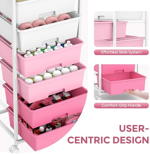 6 Drawer Rolling Storage Cart with Wooden Top and Wheels for Crafts, Pink - Image 7