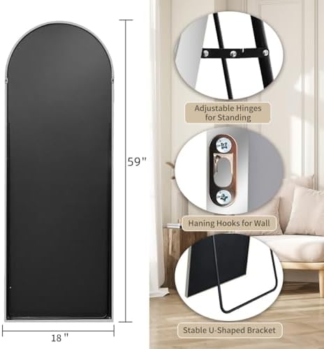 Rowjut Floor Mirror Arched Full Length Mirrors, Mirror Full Length Standing Hanging or Leaning Against Wall, 59"x18" Large Full Body and Wall Mounted Mirror for Bedroom Living Room, Silver - Image 2