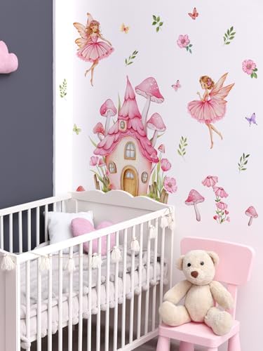 Pink Fairy Mushroom Wall Stickers Decal - Cottage Butterfly Flower Peel & Stick Removable Art Decoration Wall Decor for Girls Bedroom Kids Room Nursery Playroom,100 cm x120 cm - Image 7
