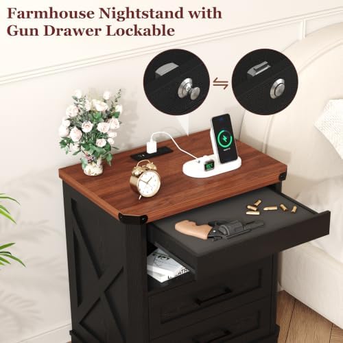 Yusong Farmhouse Night Stand with Gun Drawer & Invisible Lock, Rustic Wooden Night Stand with Charging Station, Beside Table with Drawers and Open Storage, End Tables for Bedroom, Black - Image 4
