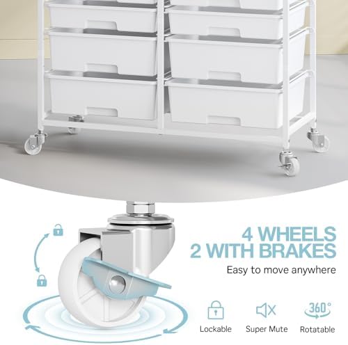 TOOLF 12 Drawers Rolling Storage Cart with Wooden Top for Classroom,White - Image 4