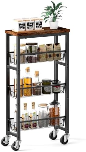 Honest Slim Storage Cart 4-Tier Slim Rolling Cart with Metal Frame and Wooden Top, 6.3 Inches, Storage Cart for Kitchen, Dining Room, Living Room, Bathroom, Home Office, Rustic Brown and Black - Image 3